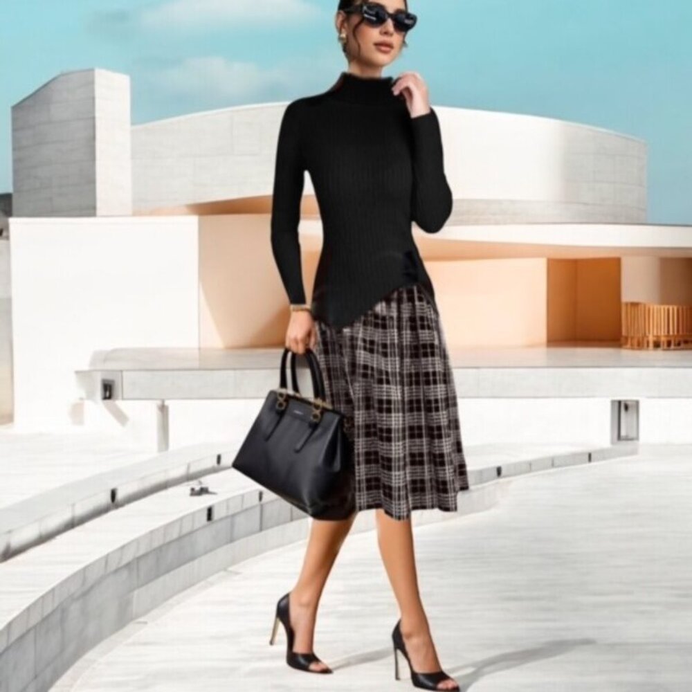 CRIMSON + CLOVER Ribbed Knit Black Midi Dress Sharkbite Pleated Plaid Sz M